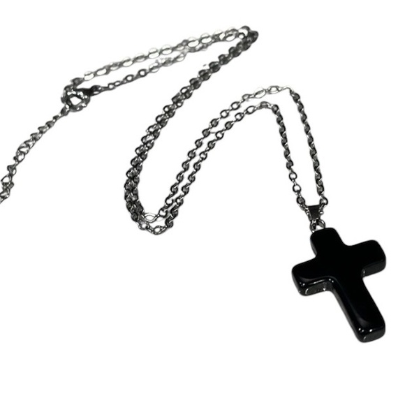 Jewelry - Black Onyx Cross Charm Necklace Silver Chain NWT